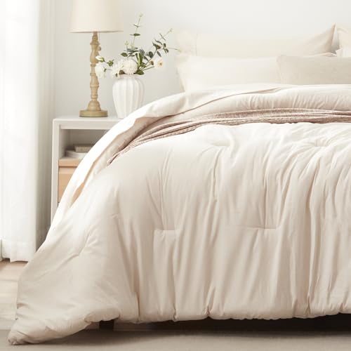 UNILIBRA Queen Comforter Set 7 Pieces - Beige Bed in a Bag Queen Size Soft for All Seasons - Cationic Dyeing Bedding Comforter Sets with Comforter, Flat Sheet, Fitted Sheet, Pillowcases & Shams - Beige - Queen