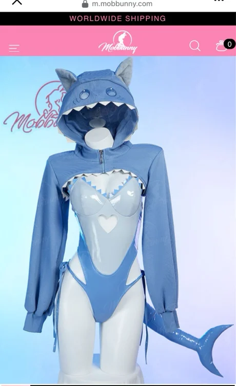 Size medium Sexy Lingerie Set Kawaii Cat Shark Cutout Bodysuit with Crop Hoodie and Tail