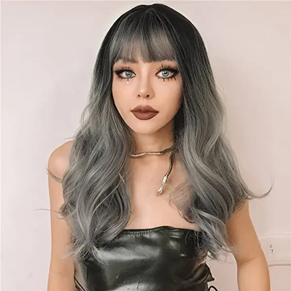 ISHINE Long Wavy Grey Wigs, Omber Gray Curly Wigs for Women, Natural Looking Synthetic Wig with Bangs, Hair Replacement Wigs for Daily Cosplay Party Halloween Costume 24 inch