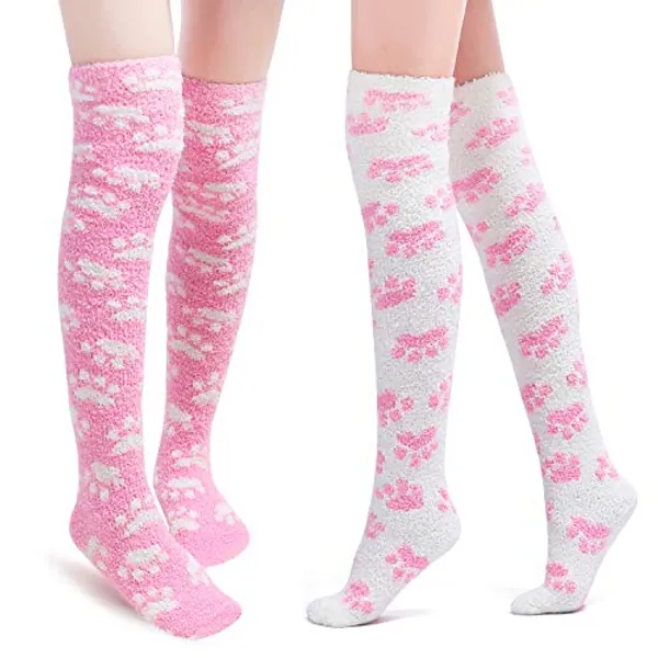 Littleforbig Cute Coral Fleece Thigh High Long Paws Pattern Socks 2 Pairs