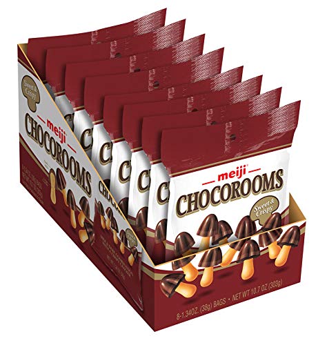 Meiji Chocorooms Crispy Crackers, Milk and Dark Chocolate Combination - 1.34 oz, Pack of 8 - Bite Sized Crackers in Fun Mushroom Shapes - Chocolate