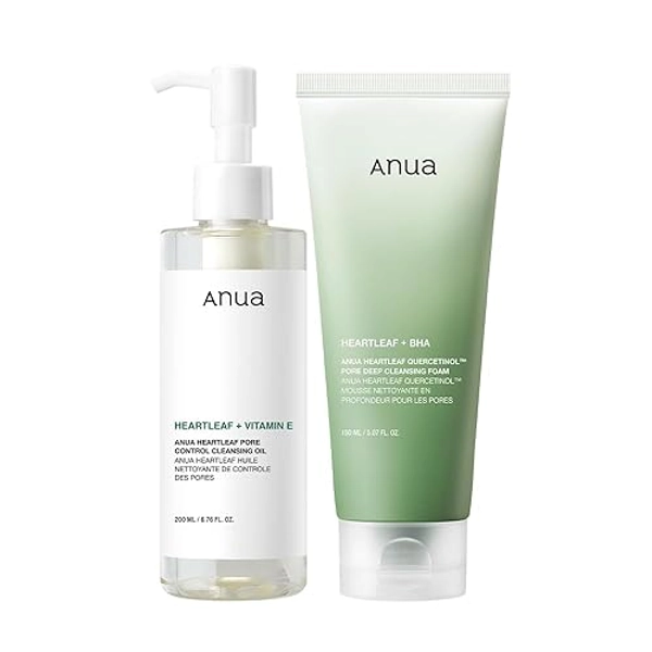 Anua Double Cleanser Duo for Facial Cleansing : Heartleaf Pore Control Cleansing Oil & Heartleaf Quercetinol Pore Deep Cleansing Foam for Double Cleansing, Blackhead Remover, Korean Skincare