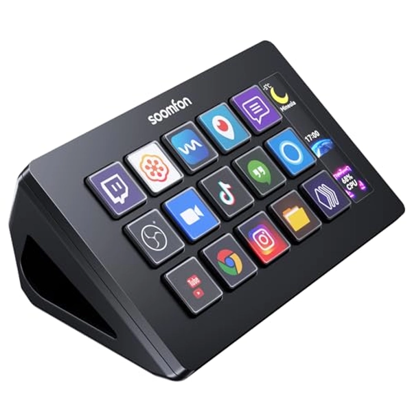 Stream Controller 15 Tasti - SOOMFON Control Deck V.2024 Aggiornata con 15 Macro Pulsanti LCD Personalizzabili per Attivare Azioni in OBS, Twitch, YouTube, per Live-Streaming, Editing di Foto e Video