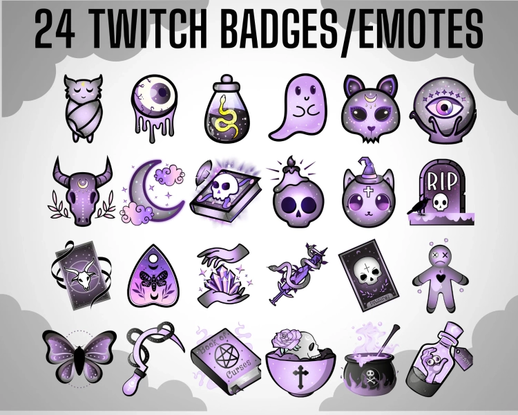 24x Purple Mystic Witchy Occult Twitch Sub Badges | Emotes | MEGAPACK | Halloween Theme