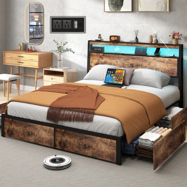 Queen Size Bed Frame, Bed Frame with Charging Station Headboard, LED Lights and 4 Drawers