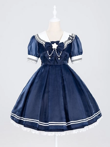 [$83.00]Dark Navy Blue Jirai Kei Sailor Collar Lolita Dress with Free Star Bowtie