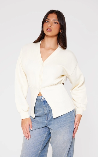Cream Fitted Waist Button Front Sweatshirt