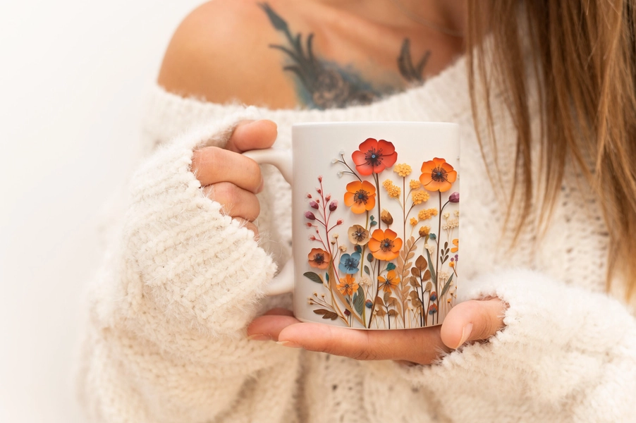 Pressed Flowers Mug, Boho Wildflowers Cottagecore Coffee Mug, Flower Garden Lover, Gift For Her, Botanical, Spring Floral Nature