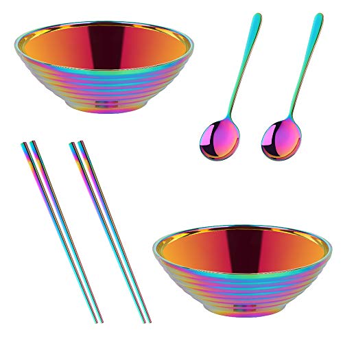 Buy THINGS！ Ramen Noodle Soup Bowl,2 Sets Double Layer 18/8 Stainless Steel Bowl(7.09 inch), with Matching Spoon and Chopsticks （Rainbow） - 7inch - Rainbow