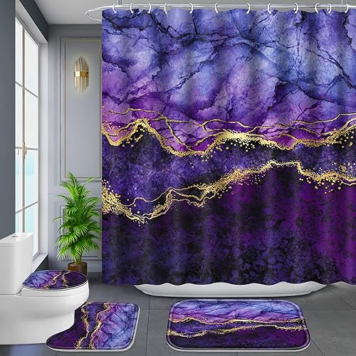 Poedist 4 Pcs Gold Edge Marble Bathroom Shower Curtain Set, Bathroom Sets with Shower Curtain and Rugs(Bath Mat,U Shape and Toilet Lid Cover Mat) and 12 Hooks-Purple - Style -02
