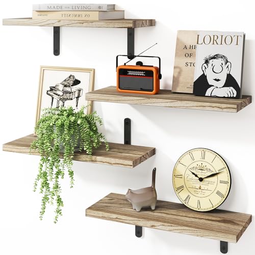 Fixwal Wall Floating Shelves for Room Decor, 4 Sets Floating Shelves for Wall Storage, Wood Wall Mounted Shelf for Bedroom Decor, Bathroom Storage, Book Shelf for Wall-Rustic Brown - Carbonized Black - 4pcs