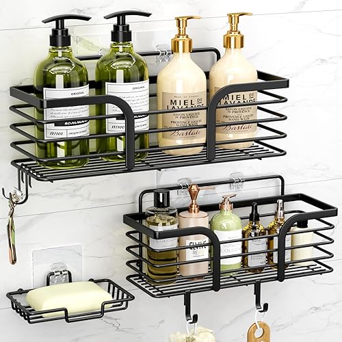 Shower Caddy, Adhesive Shower Organizer with Soap Dish and 4 Hooks, Rustproof Stainless Steel Shower Shelves, Wall Mounted No Drilling Storage Shelf Basket Accessories for Bathroom & Kitchen - Black