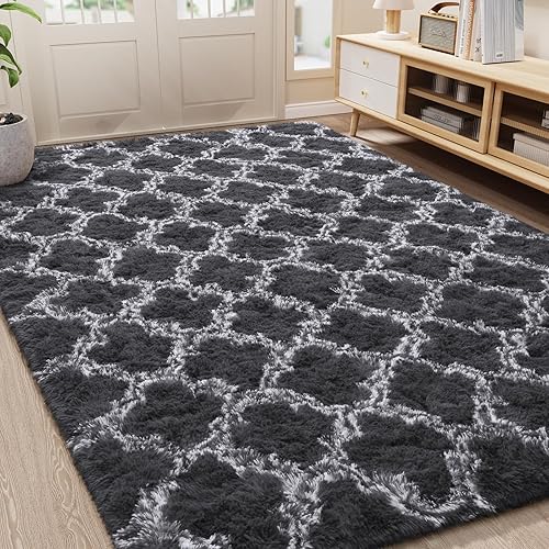 LOCHAS Luxury Shag Area Rug 4x6 Feet Geometric Plush Fluffy Rugs, Extra Soft Carpet Moroccan Rugs for Bedroom Living Room Dorm Kids, High Pile Shaggy Floor Rug Decor, Dark Grey/White - Dark Grey/White - 4x6 Feet