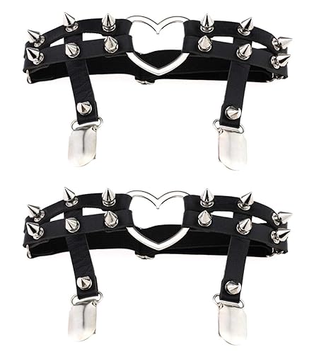 Women Sexy Leather Heart Garters Punk Rock Rivet Stud Leg Ring 2pcs - One Size - Black