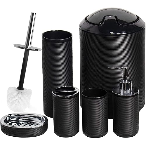 CERBIOR Bathroom Accessories Set 6 Piece Bath Ensemble Includes Soap Dispenser, Toothbrush Holder, Toothbrush Cup, Soap Dish for Decorative Countertop and Housewarming Gift, Black - Black