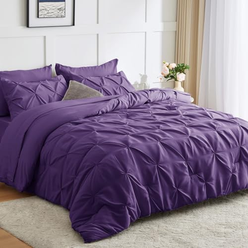CozyLux Queen Comforter Set - 7 Pieces Comforters Queen Size Purple, Pintuck Bed in A Bag Pinch Pleat Bedding Sets with All Season Comforter, Flat Sheet, Fitted Sheet and Pillowcases & Shams - Purple - Queen