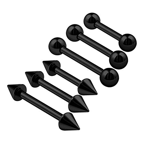 6PCS Stainless Steel Straight Barbell 16g 6mm 8mm 10mm 3mm Ball Cone Lobe Tragus Earrings Rook Piercing Jewelry Choose Colors - 3pcs 6,8,10mm Black