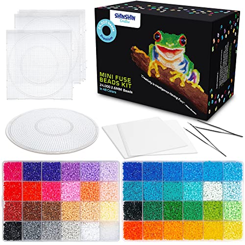 24,000 Mini Fuse Beads Kit for Adults - 48 Colors Tiny 2.6mm Beads, 5 Pegboards, 2 Tweezers - Compatible with Hama, Melty, Iron Craft Beads - Bulk Storage - 24,000 2.6MM round fuse beads