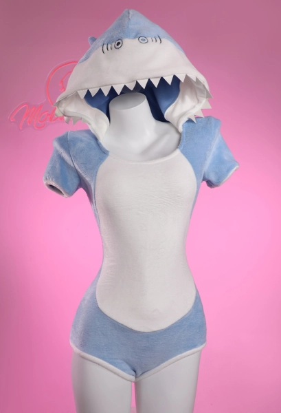 Blue Shark Comfy Hooded Bodysuit with Tail Kawaii Bodycon Romper Homewear