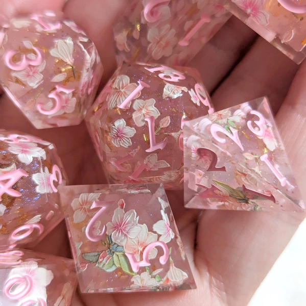 Cherry Blossom DnD Dice Set, Polyhedral dice, D&D dice, Dungeons and Dragons, Table Top Role Playing Dice. Sharp Edge Dice