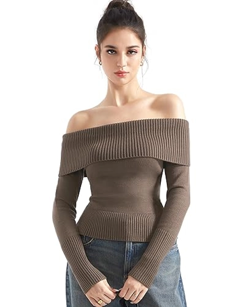 SUUKSESS Women Off Shoulder Sweaters Long Sleeve Ribbed Knit Going Out Fall Tops Blouse