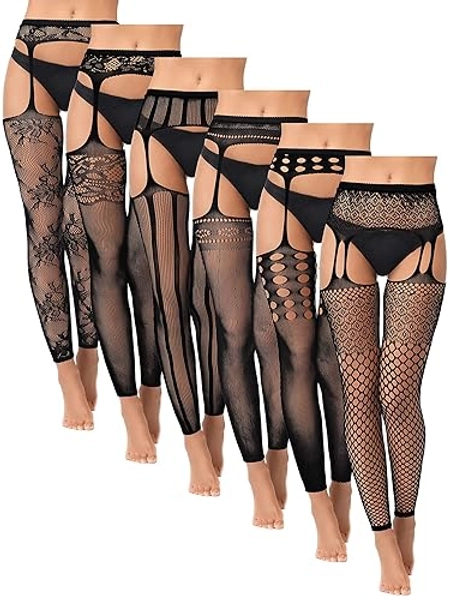 6 Pairs Women Fishnet Footless Tights High Waist Suspender Pantyhose Garter Belt Thigh High Stockings for Women Girls