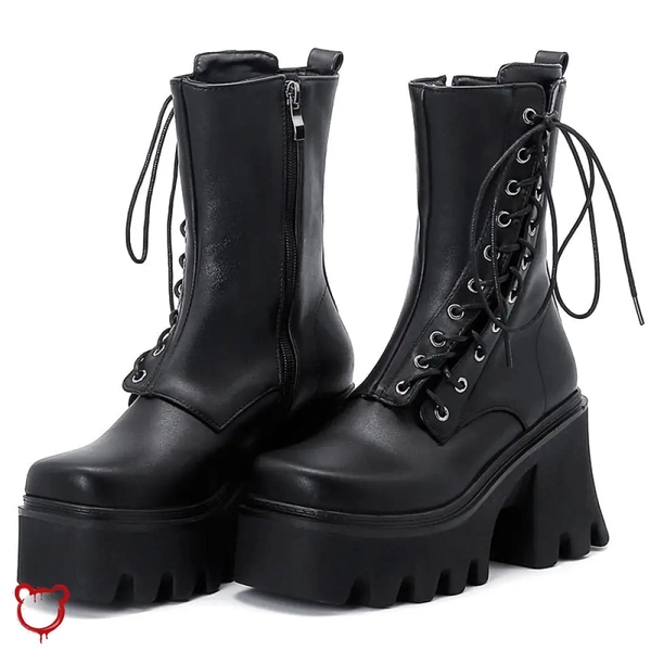 Black Lace-Up PU Leather Boots