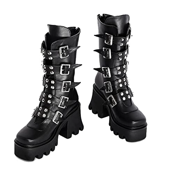 JIFAENY Ladies Winter Black Gothic Punk Platform Boots Women's Goth Buckle Zipper Creeper Wedges Mid-Calf Shoes