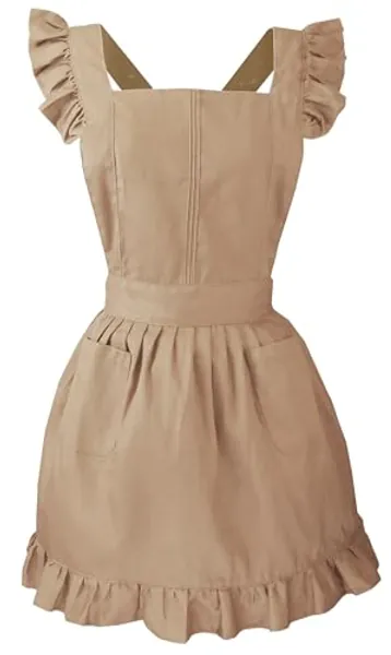 LilMents Retro Adjustable Ruffle Apron Kitchen Cooking Baking Cleaning Maid Costume (Light Cappuccino) - Light Cappuccino