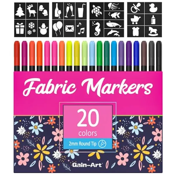 Gain-Art Fabric Markers Permanent for Clothes - 20 Colors Fine Tip Fabric Paint Pens with 5 Painting Templates - Non-Toxic Fabric Paint Markers for T-shirts Sneakers Canvas Bags and Textiles - 1 - Multicolor