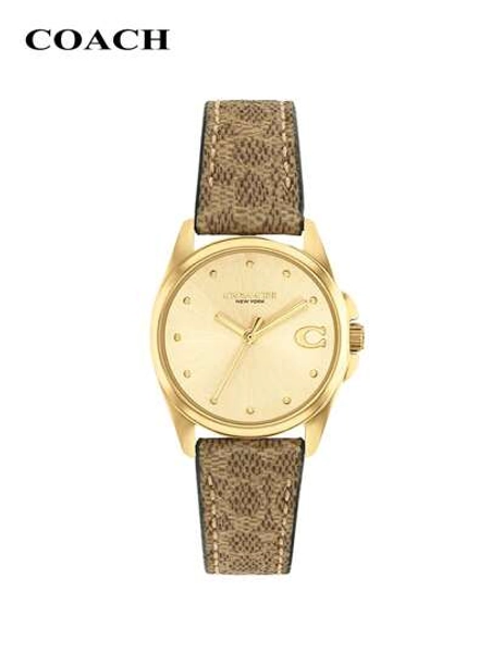 Coach Orologio da polso da donna in pelle con quadrante dorato con logo iconico e cassa in acciaio inossidabile, orologio analogico di lusso rotondo, 14504107