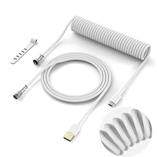 XVX Coiled Cable - Detachable Aviator Coiled Keyboard Cable Type C to USB A Mix 5.9in for Gaming Keyboard and Cellphone, White - White
