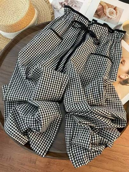 Chiquease Black & White Plaid High Waist Pocket Detail Straight Leg Women's Pants