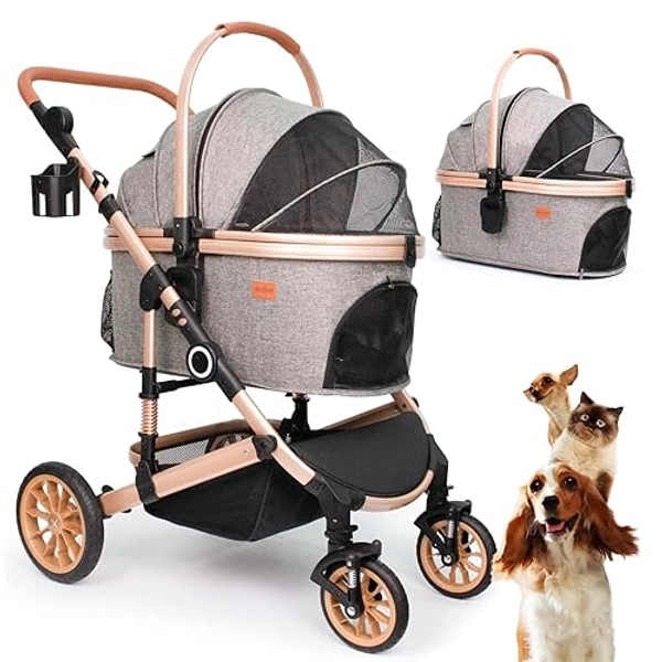 Pet Stroller with 4 Wheels, Foldable Pet Travel Carrier for Small/Medium Dogs Cats up to 50lbs, Detachble Portable Pet Bag, Storage Basket, Car Seat 3 in 1 Multifunctional (Grey)