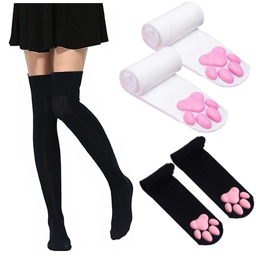 Pink Cat Paw Pad Thigh High Socks Cute Kitten Claw Stockings For Those Who Want to Feel and Walk Like a Cat - White+black
