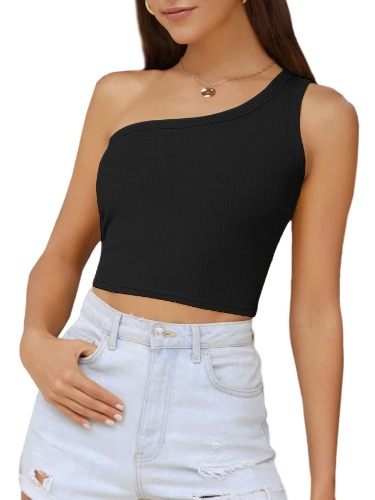 Verdusa Women's Sexy One Shoulder Sleeveless Ribbed Crop Top - Medium Black