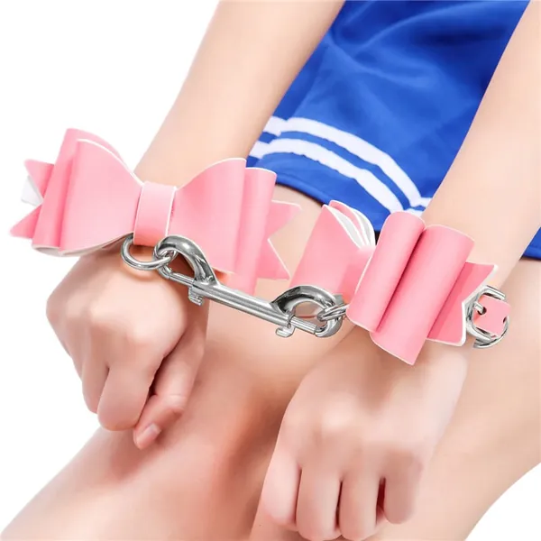 Prettybows Soft Lamb Leather Wrist Cuffs Set - Pink/White Leather & Silver Alloy - LittleForBig Cute & Sexy Products