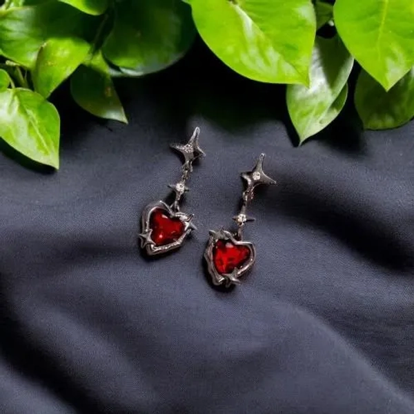 Y2K Goth Liquid Heart Cross Star Pendant Earrings - Red Zircon Love Dangle Tassel Jewelry for Women
