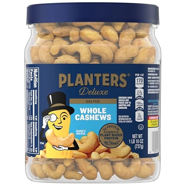 PLANTERS Whole Cashews, Sea Salt, Resealable Jar, Party Snacks, Plant-Based Protein, Quick Snack for Adults, After School Snack, Salted Cashew, Kosher, Bulk Nuts, 26oz Canister
