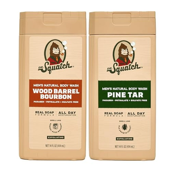 Dr. Squatch NEW Natural Body Wash for Men - Exfoliating - Wood Barrel Bourbon + Pine Tar (14 oz, 2 Pack)