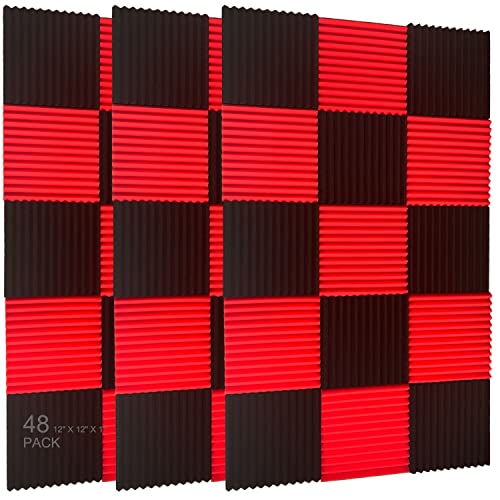 48 Pack Black red 1" x 12" x 12" Acoustic Wedge Studio Foam Sound Absorption Wall Panels - BLACK RED