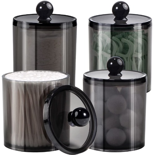 SheeChung 4 Pack Plastic Acrylic Bathroom Vanity Countertop Canister Jars with Storage Lid, Apothecary Jars Qtip Holder Makeup Organizer for Cotton Balls,Swabs,Pads,Bath Salts (Black, 15 Oz) - Black 4 Pack of 15 oz.