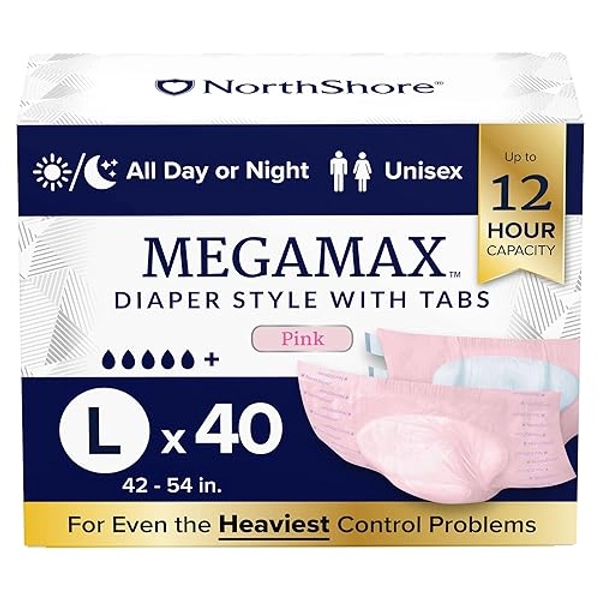 NorthShore MegaMax Adult Overnight Diapers, 12-Hour Tab-Style, Large, 40 Count Case, Pink, 42-54 inches, Unisex Incontinence Underwear