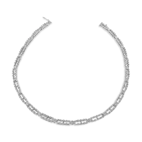 AGS Certified 14K White Gold 8 1/2 Cttw Diamond Alternating Bar and Floral Cluster Link 18 Choker Necklace (G-H Color, SI2-I1 Clarity)