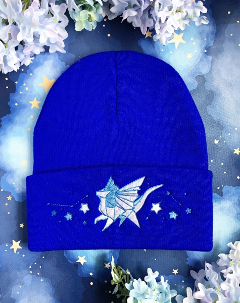 Blue Stars Origami Dragon Knit Beanie Cap || Embroidered Warm Cozy Winter Autumn Cold Weather Hat