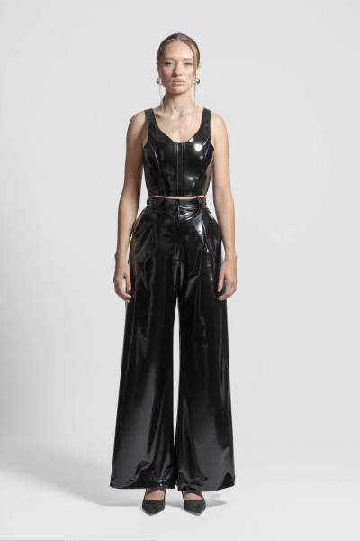 TACRAI Flare Gloss Pants | Wide Leg Latex Look Trousers Black Wetlook Palazzo Vegan Leather Fashion Handmade Women Clothing High Rise Pocket