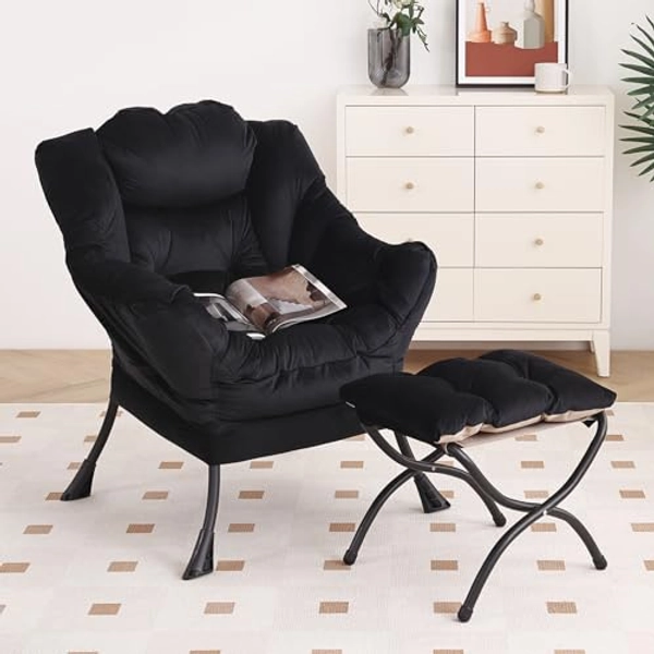 Furlide Lazy Chair with Ottoman, Modern Chair with Folding Footrest, Lounge Accent Chair, Comfortable Reading Chair, Oversized Armchairs for Bedroom, Study, Living Room, Courtyard (Black)