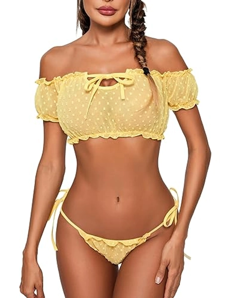 Avidlove Bra and Panty Set Ruffle Lingerie Set Mesh Babydoll Chemise