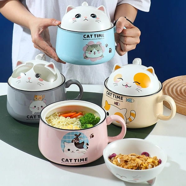 ✦ Ceramic Ramen Bowl Kitten Cat Time