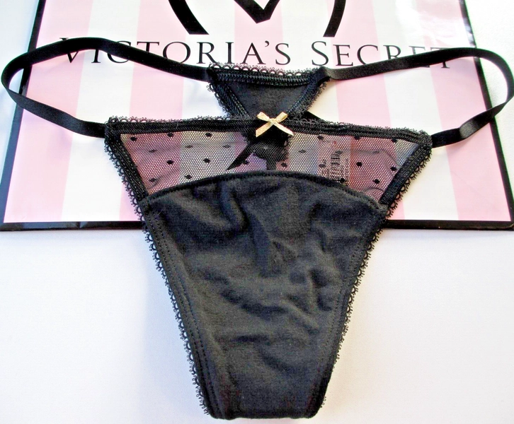 VICTORIA'S SECRET Cotton V-String Thong Panty VS Mesh Dot S M L XL Black NWT Bow